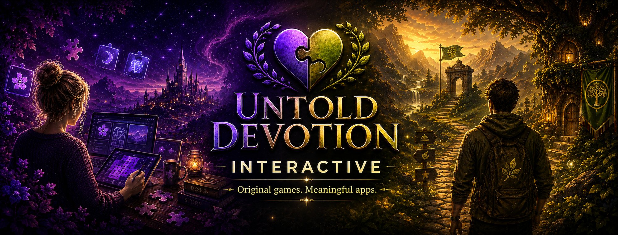 Untold Devotion Interactive — a purple, star-lit world of puzzles on one side and a golden, sunlit path through woodland on the other